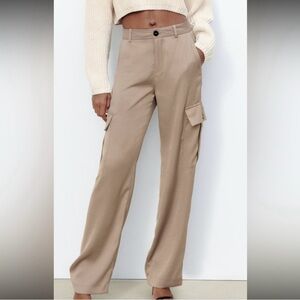 ZARA Tan Satin Cargo Pants Wide Leg Trousers Small NWT